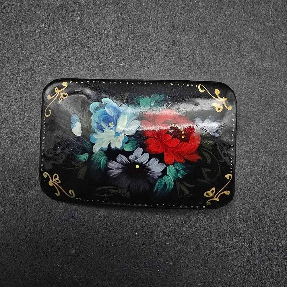 Black Lacquerware Brooch Handpainted Flowers Floral Rectangle Vintage